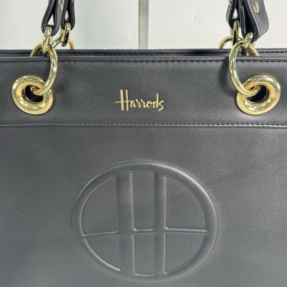 HARRODS LONDON Large Black Tote Shoulder Bag Gold Tone Hardware - Picture 3 of 9